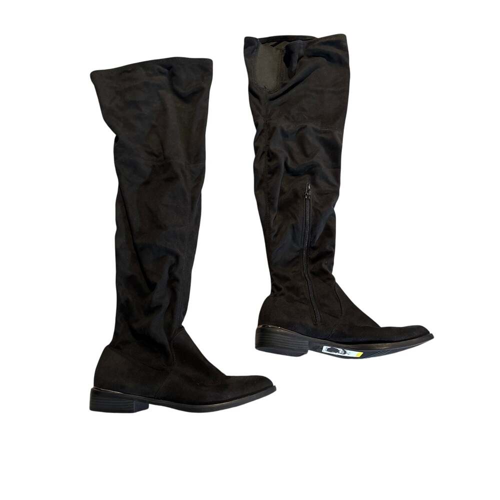 Women’s 7.5 Black Over the Knee Boots Stretch Suede Look Low Block Heel Pinson